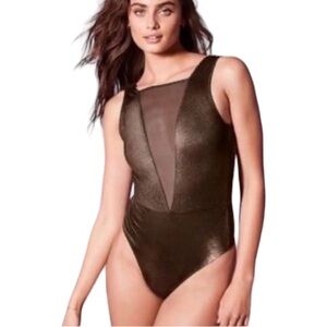 VICTORIA'S SECRET Deep V Plunge Bodysuit Swimsuit lingerie Metallic Gold Mesh XS